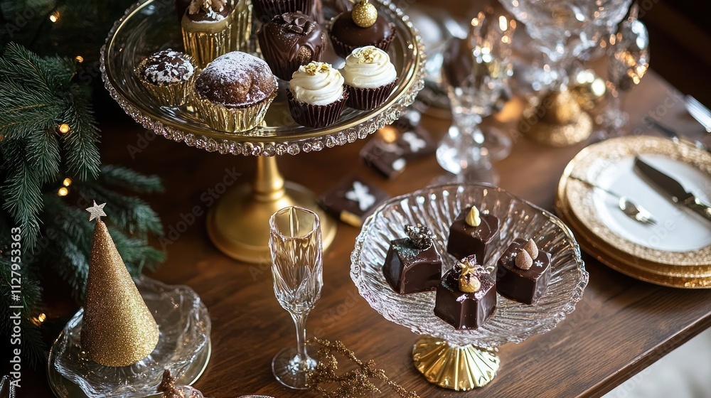 Stylish holiday-inspired dessert table with gold details, crystal platters, luxurious chocolate treats Stylish holiday-inspired dessert table with gold details, crystal platters, luxurious chocolate treats