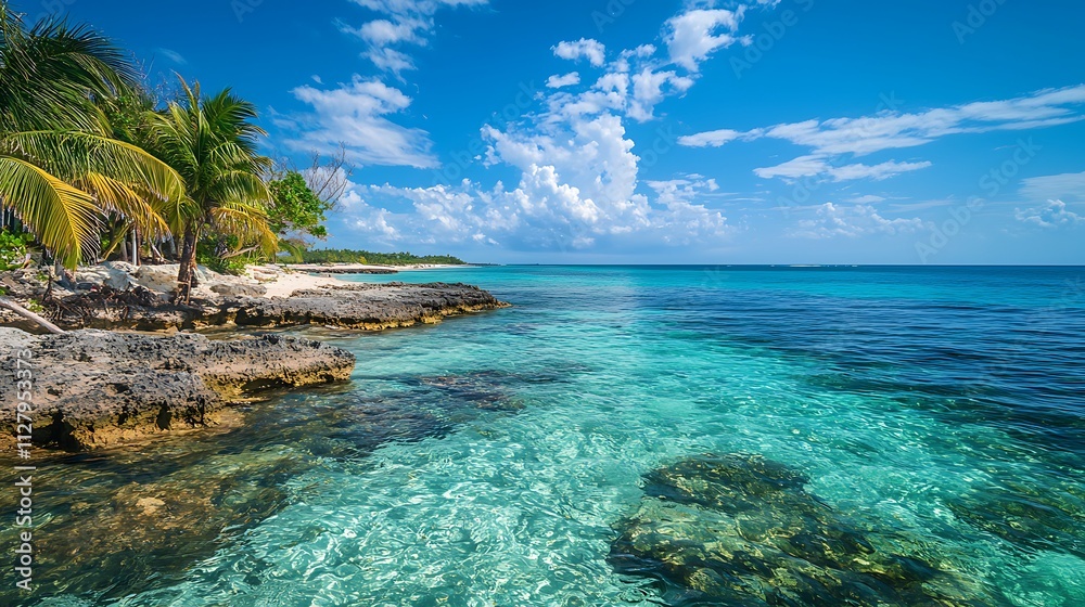 Fototapeta premium Tropical Beach Paradise. Turquoise Water, Palm Trees, and Sunny Sky.