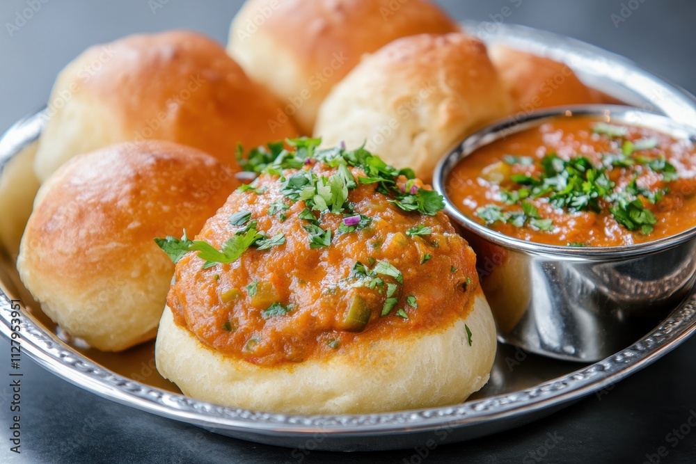 Spicy Mashed Vegetable Curry with Fluffy Pav Buns on Silver Plate Spicy Mashed Vegetable Curry with Fluffy Pav Buns on Silver Plate