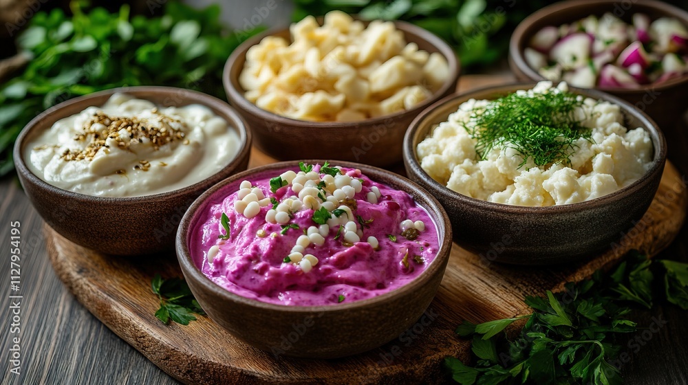 Probiotic Rich Foods in Bowls on Wooden Board Probiotic Rich Foods in Bowls on Wooden Board