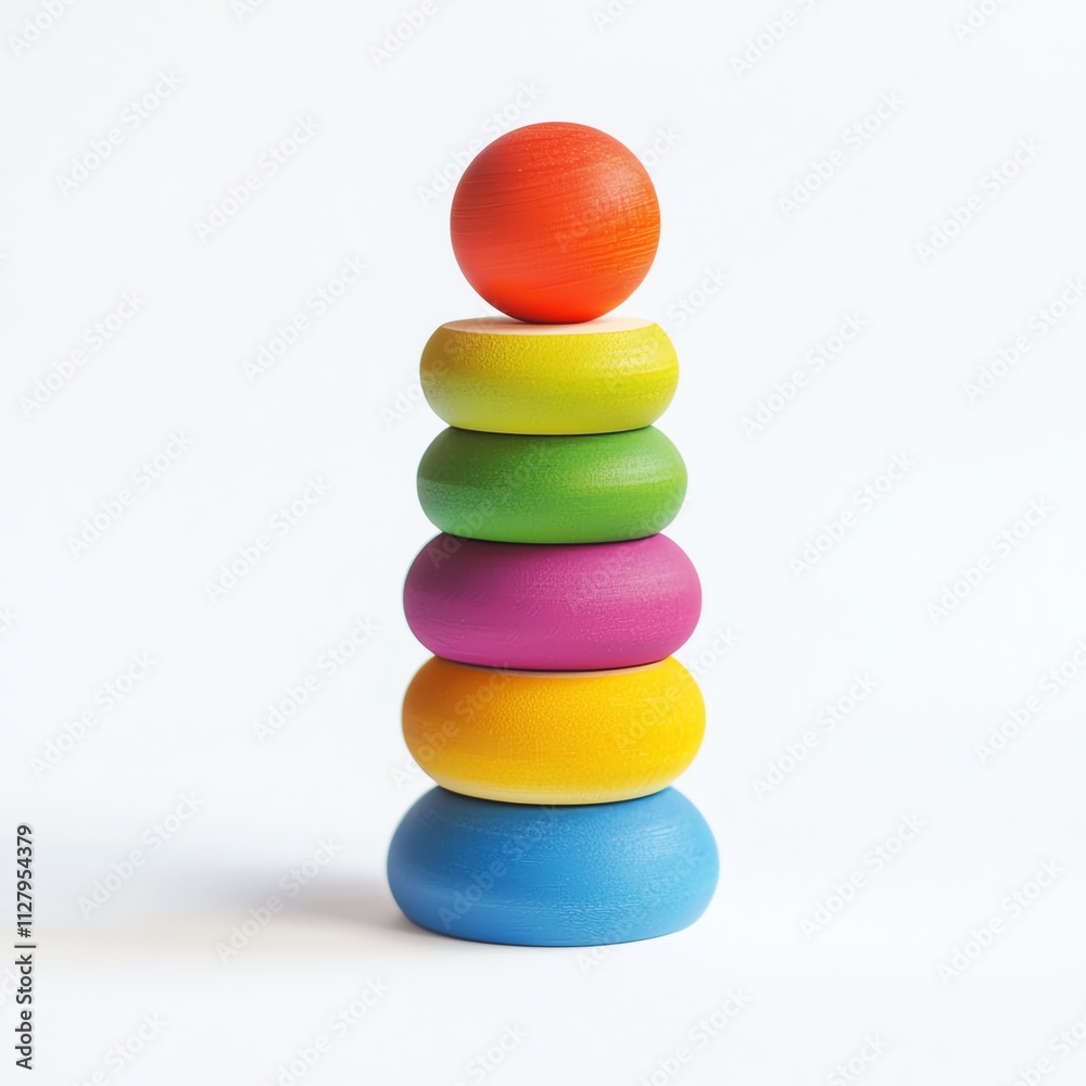 A colorful stacking toy featuring vibrant rings arranged in a tower with a red ball on top, promoting fine motor skills and creativity. A colorful stacking toy featuring vibrant rings arranged in a tower with a red ball on top, promoting fine motor skills and creativity.