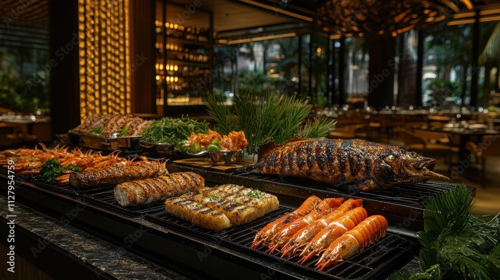 Buffet of grilled seafood and meats in a restaurant. Buffet of grilled seafood and meats in a restaurant.