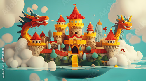 Mythical dragon castle flat design front view floating islands 3d render splitcomplementary color scheme. Fable. Illustration photo