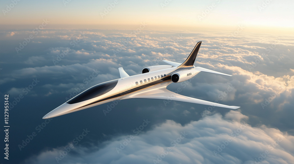 Private Jet Soaring Above the Clouds: A sleek, futuristic private jet gracefully glides through the clouds at sunset, embodying luxury, speed, and unparalleled travel experiences. 