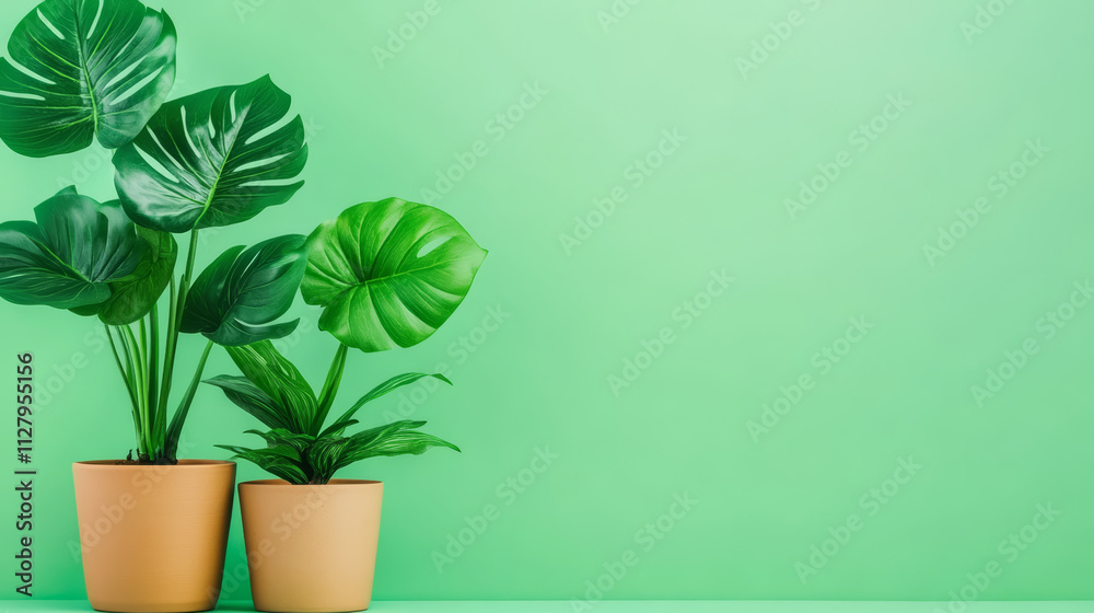 Lush green plants in pots against vibrant green background create fresh atmosphere Lush green plants in pots against vibrant green background create fresh atmosphere