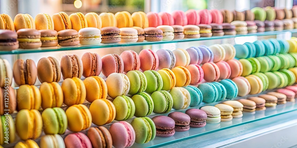 Colorful Macarons Displayed on a Three-Tiered Glass Stand Colorful Macarons Displayed on a Three-Tiered Glass Stand