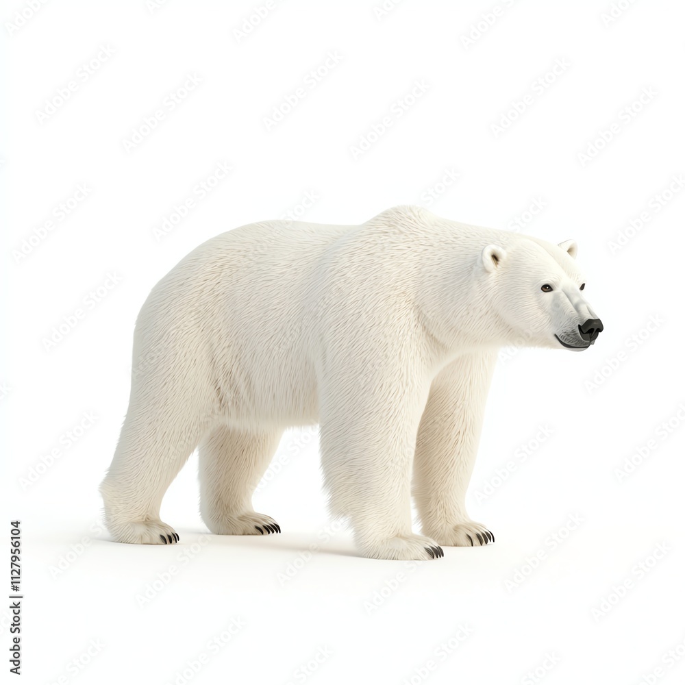 A polar bear stands gracefully against a white background, showcasing its thick fur and powerful physique. A polar bear stands gracefully against a white background, showcasing its thick fur and powerful physique.