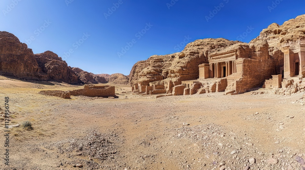 Ancient desert ruins, sandstone tombs, clear sky. Ancient desert ruins, sandstone tombs, clear sky.