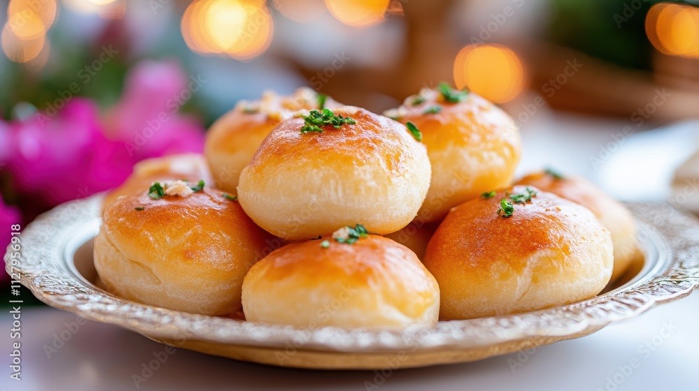 Elegant Arrangement of Deep-Fried Puffed Bread in a Neat Platter Elegant Arrangement of Deep-Fried Puffed Bread in a Neat Platter