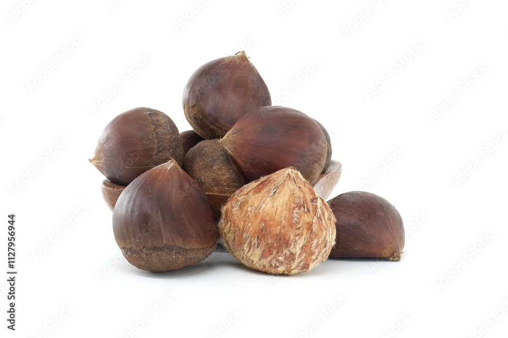 Delicious Chestnuts in a Natural Setting Isolated on White Background
