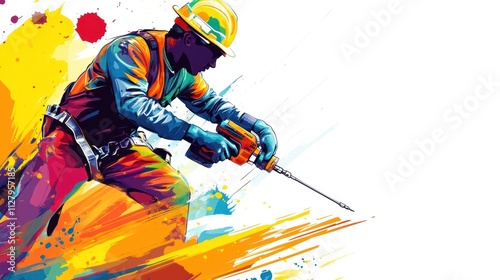 Dynamic illustration of a construction worker using a drill, vibrant colors and artistic style. photo