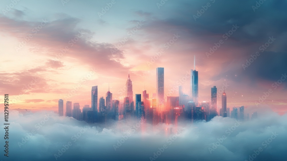 Fototapeta premium Futuristic urban landscape above fluffy pink clouds aerial cityscape digital art dreamlike environment serene viewpoint surreal concept for modern imagination