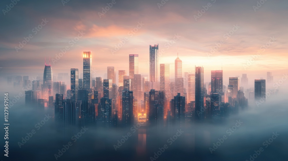 Fototapeta premium Futuristic urban landscape hovering above fluffy pink clouds high-tech cityscape digital artwork serene environment aerial view dreamlike vision for modern living