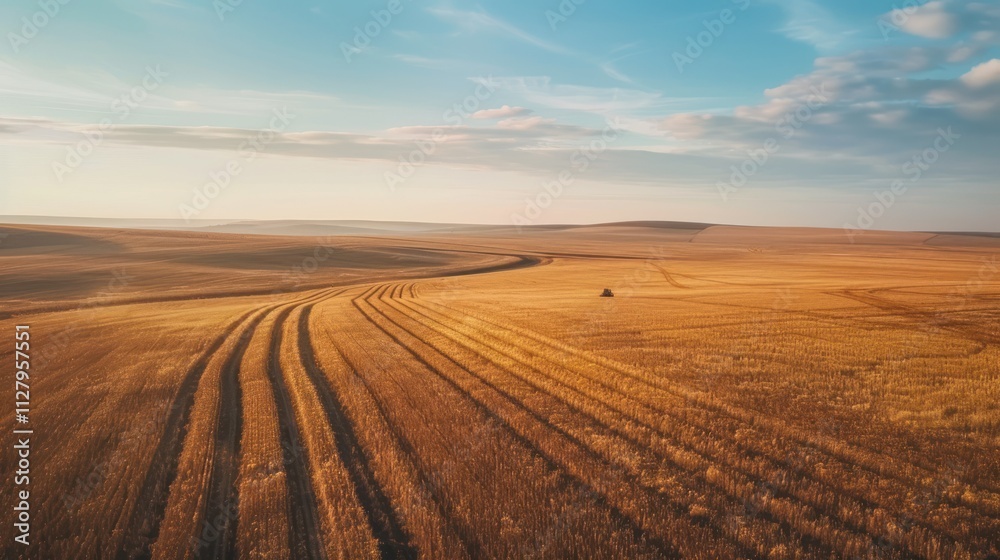 Expansive golden wheat field at sunset with clear skies and distant hills. Expansive golden wheat field at sunset with clear skies and distant hills.
