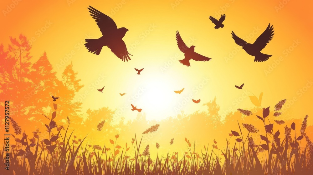 19.Easter Religious concept: Silhouette birds flying on meadow autumn sunrise landscape background: