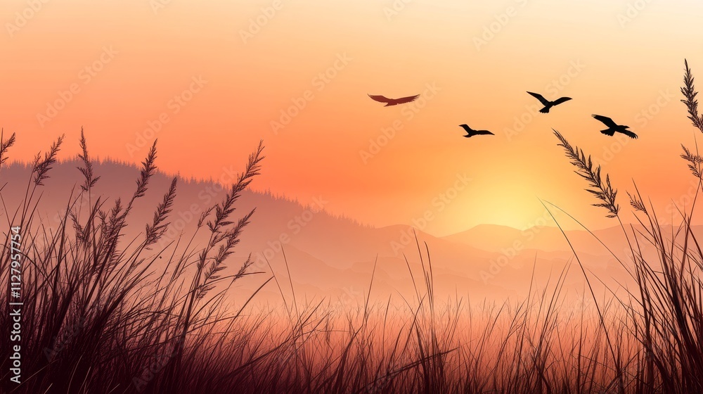 21.Birds in silhouette flying through an open meadow under the warm hues of an autumn sunrise; a sense of peace and spirituality fills the scene as gentle light touches the tips of tall grass. 21.Birds in silhouette flying through an open meadow under the warm hues of an autumn sunrise; a sense of peace and spirituality fills the scene as gentle light touches the tips of tall grass.