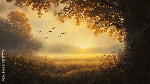 22.A meadow bathed in golden autumn light with silhouetted birds flying above, the sun just rising over the horizon, creating a serene, reverent mood in the early morning mist.