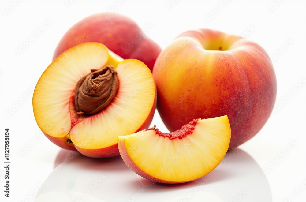 A group of ripe peaches, one cut in half to reveal its juicy flesh and seed. A group of ripe peaches, one cut in half to reveal its juicy flesh and seed.