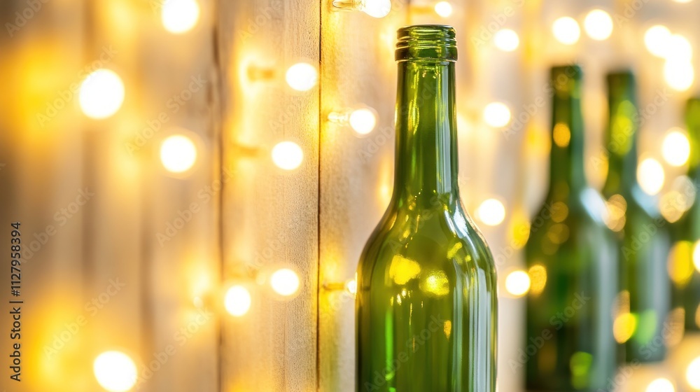 Green glass bottles against a warm, glowing string light background. Green glass bottles against a warm, glowing string light background.