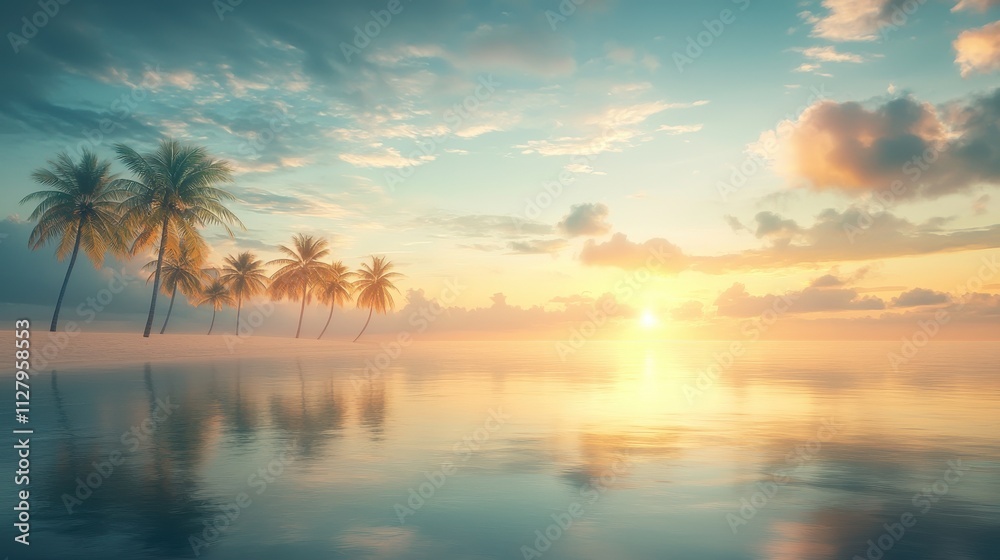 Floating tropical paradise with swaying palm trees at sunset over calm ocean waters serene beach landscape tranquil viewpoint nature's beauty unveiled Floating tropical paradise with swaying palm trees at sunset over calm ocean waters serene beach landscape tranquil viewpoint nature's beauty unveiled