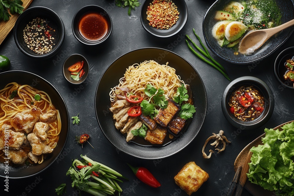 Overhead shot of various Asian dishes, noodles, sauces, and ingredients. Overhead shot of various Asian dishes, noodles, sauces, and ingredients.