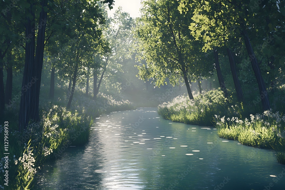 Obraz premium A serene forest scene with a tranquil river surrounded by lush greenery and sunlight.