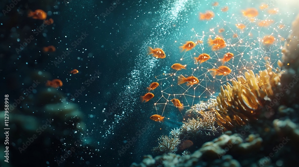Naklejka premium Holographic visualization of a coral reef underwater with network lines representing the complex biodiversity connections within the marine ecosystem