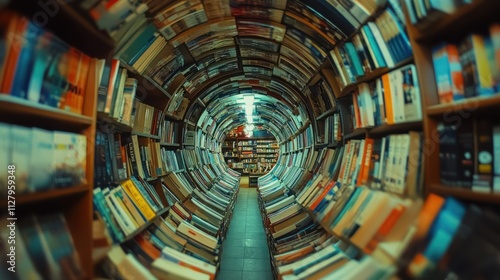 Tunnel of bookshelves creating a circular library illusion with a central light.