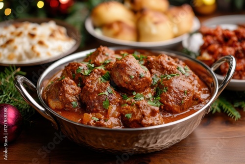 Elegant Aromatic Lamb Curry Dish with Garnish on Rustic Table