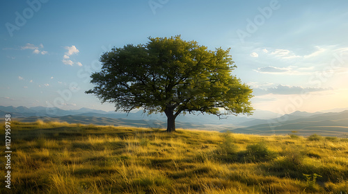 Serene Tree on a Hilltop with Scenic Mountain Views