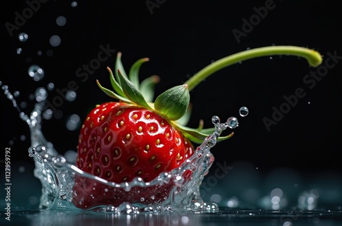 A fresh, red strawberry splashing into water, creating a vibrant and dynamic image. photo