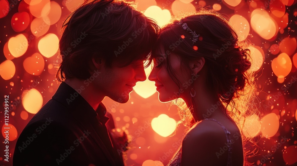 Romantic couple in red outfits posing with heart balloons against a vibrant backdrop during golden hour Romantic couple in red outfits posing with heart balloons against a vibrant backdrop during golden hour