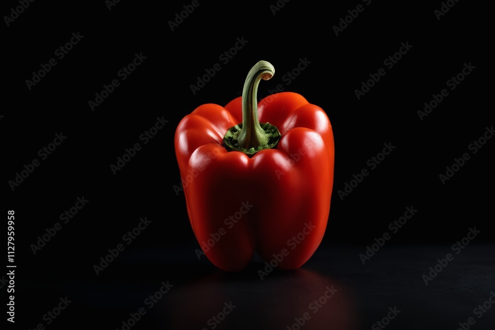 there is a red pepper with a green stem on a black surface there is a red pepper with a green stem on a black surface