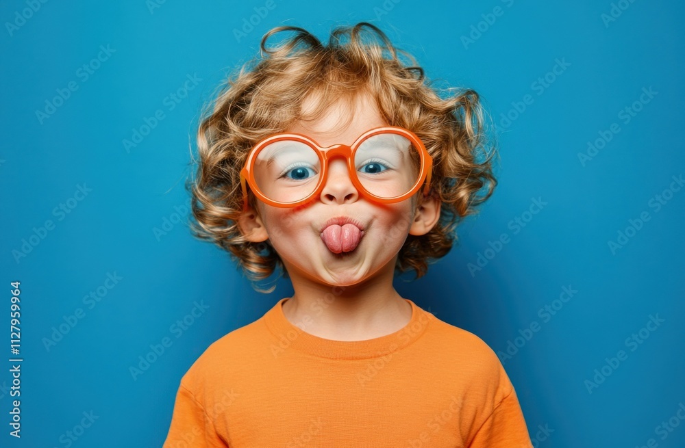 Playful toddler with curly blond hair, wearing oversized orange glasses, sticking out tongue against a blue background. Playful toddler with curly blond hair, wearing oversized orange glasses, sticking out tongue against a blue background.