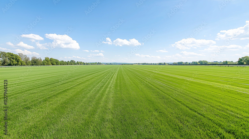 Vast Green Field with Blue Sky: Lush green field, pristine and manicured, stretches out under a bright blue sky with fluffy white clouds, conveying a sense of peace and tranquility. Vast Green Field with Blue Sky: Lush green field, pristine and manicured, stretches out under a bright blue sky with fluffy white clouds, conveying a sense of peace and tranquility.
