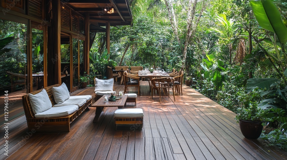 51.Spacious wooden deck with comfortable garden furniture, including cushioned chairs and a table, surrounded by dense green plants; a peaceful summer setting, perfect for unwinding or entertaining