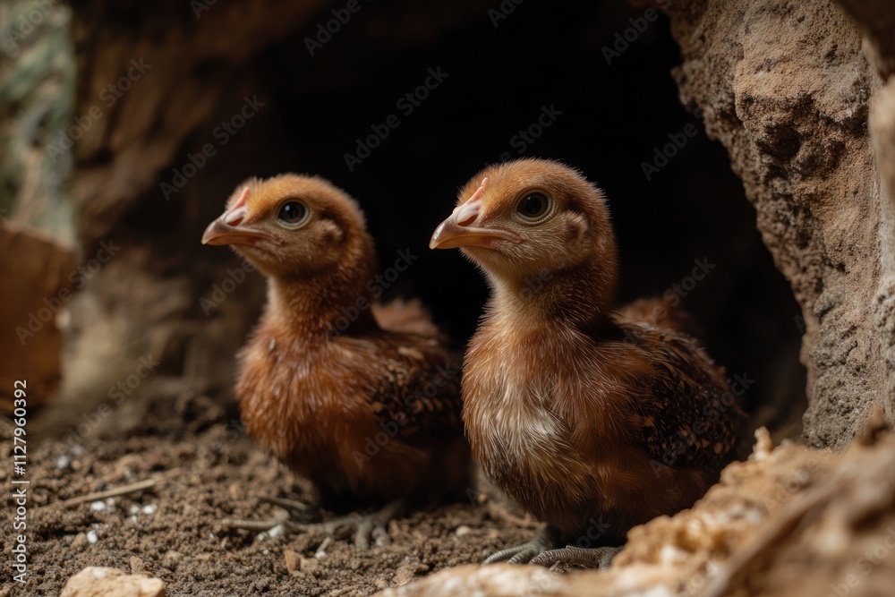 Two brown chicks nestled in a dark cave. Two brown chicks nestled in a dark cave.