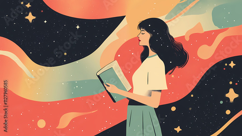 Illustration of a woman holding a book, standing against a dreamy backdrop with abstract shapes and stars, evoking a sense of wonder. Fable. Illustration