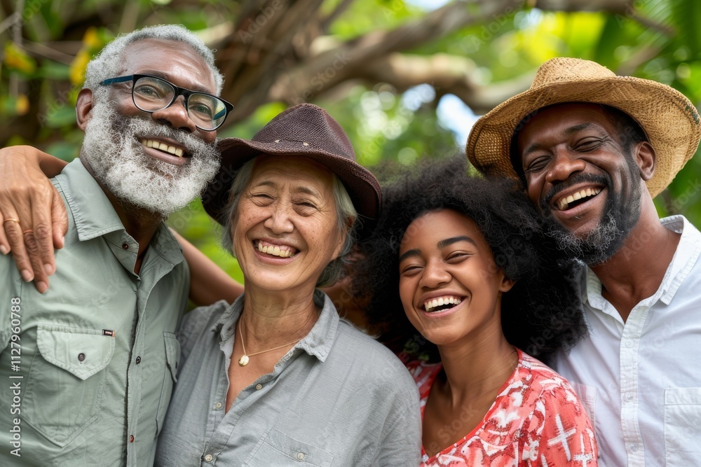 Group of diverse senior friends standing in a park smiling at the camera Group of diverse senior friends standing in a park smiling at the camera