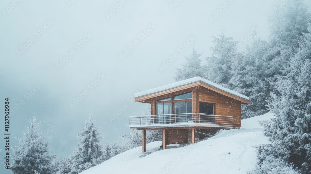 Modern minimalist cabin in snowy mountains, panoramic windows, frost-covered trees Modern minimalist cabin in snowy mountains, panoramic windows, frost-covered trees