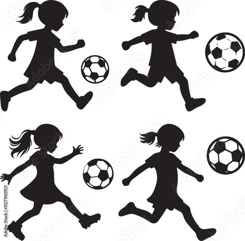 Child playing football set silhouette vector illustration, Child playing football vector art