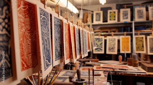 An array of freshly printed linocut prints hanging to dry, with the carving block and tools visible in the foreground. 32k, full ultra hd, high resolution -