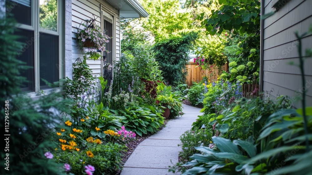 65.Charming home garden with a narrow walkway bordered by lush green leaves and seasonal flowers in full bloom; the plants add color and life to the pathway, creating a warm and welcoming garden 65.Charming home garden with a narrow walkway bordered by lush green leaves and seasonal flowers in full bloom; the plants add color and life to the pathway, creating a warm and welcoming garden