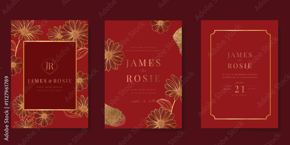Fototapeta premium Luxury invitation card design vector set. Elegant wedding card with flower on red background. Design illustration for cover, poster, gala.