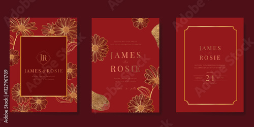 Luxury invitation card design vector set. Elegant wedding card with flower on red background. Design illustration for cover, poster, gala.