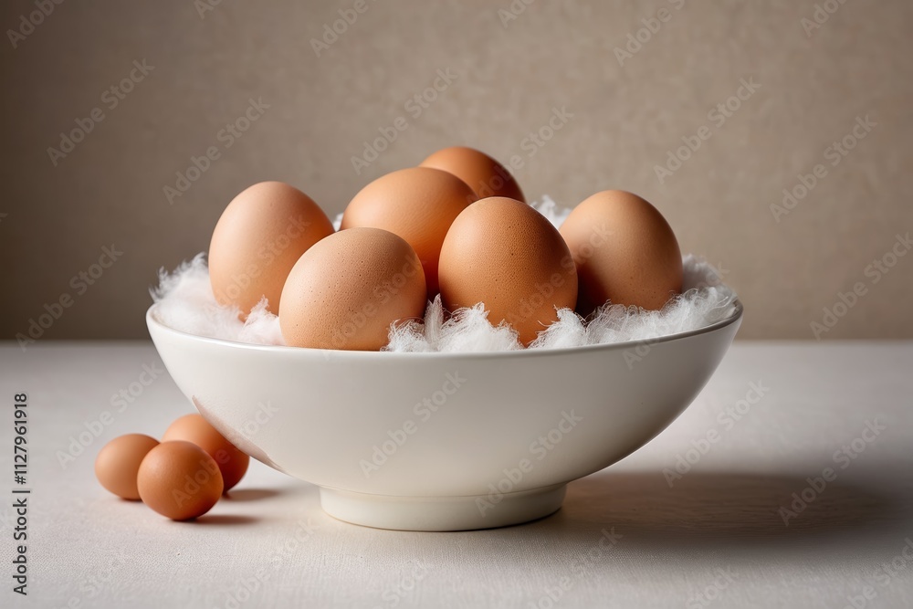eggs in a bowl with white feathers on a table eggs in a bowl with white feathers on a table