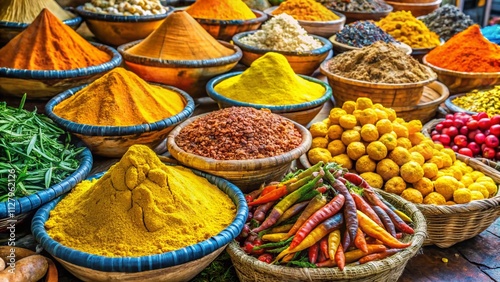 Vibrant Kunyit (Turmeric) in Traditional Market of Yogyakarta: A Colorful Display of Curcuma longa Linn. Spices and Cultural Heritage photo