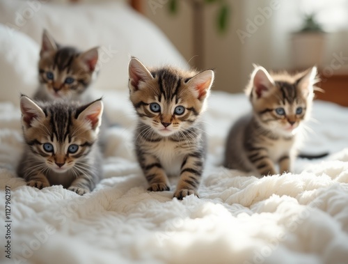 Adorable litter of tabby kittens playfully exploring their surroundings, walking on a soft carpet with curious expressions, perfect for pet photography and capturing the innocence of young animals.