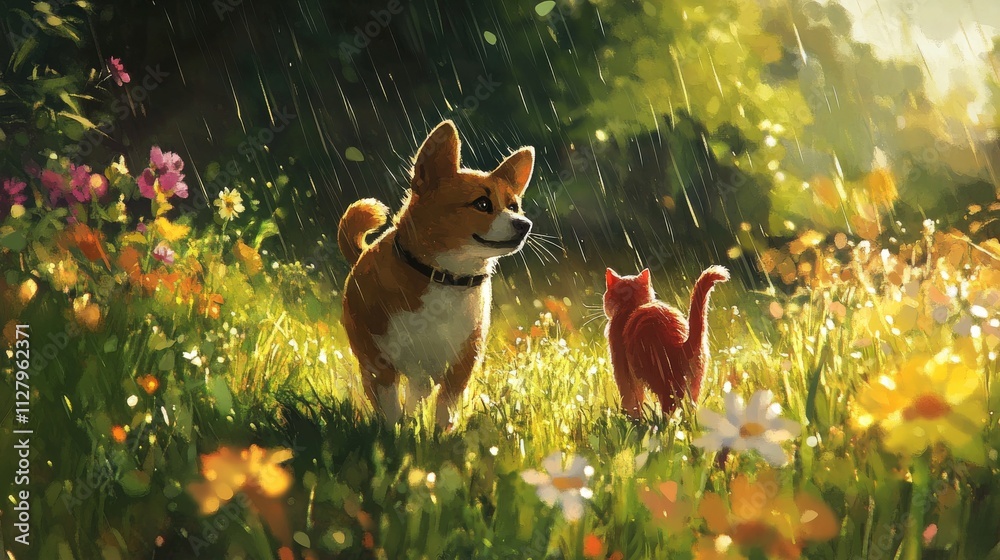 Fototapeta premium 78.Corgi and red cat strolling through a lush, sunlit meadow as warm raindrops fall gently; wildflowers and tall grass surround them, and they walk side by side, enjoying the light rain and summer’s