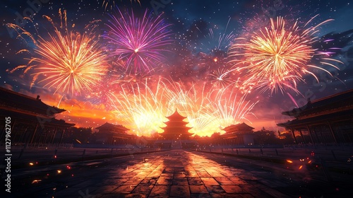 A stunning display of fireworks illuminating a historical structure, creating a vibrant and colorful atmosphere at night, perfect for celebrating cultural events.